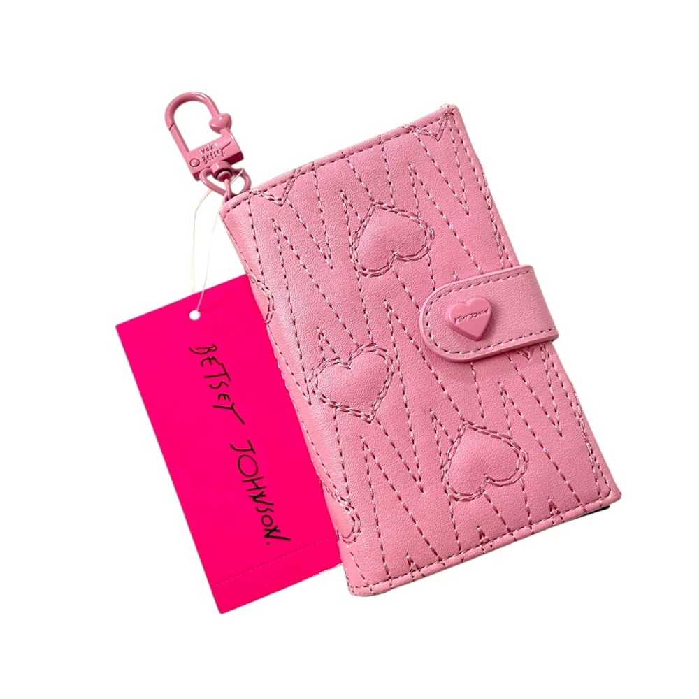NEW Betsey Johnson Card Wallet Quilted Heart Zig Zag Pink Cardholder Case NWT